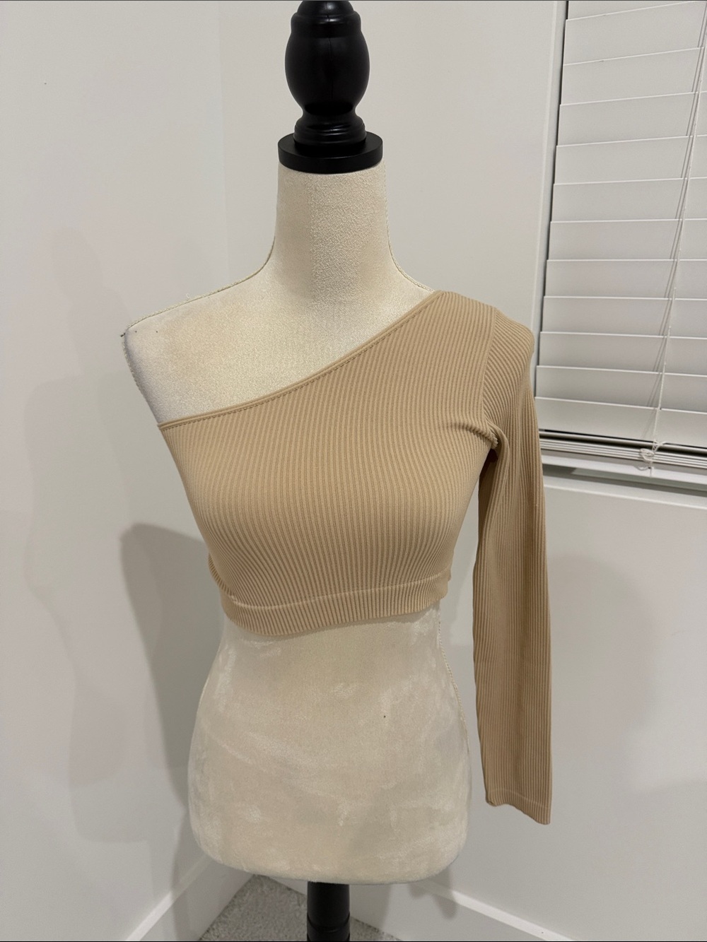 Miss Lola One-Shoulder Ribbed Crop Dress - Beige